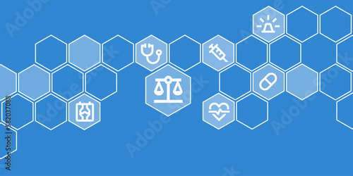 Medicine and law icon image with space for text. Icons for patient rights and medical care in honeycomb vector format.