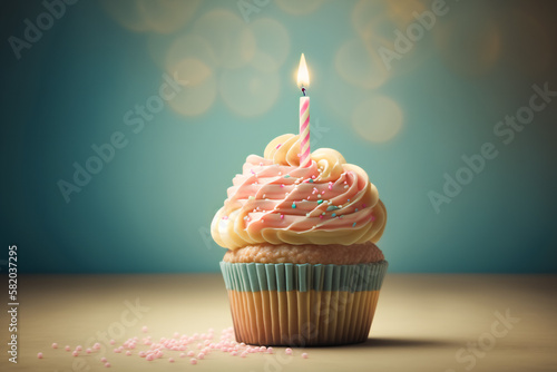 Tempting birthday cupcake with a flickering candle on light background. Generative AI
