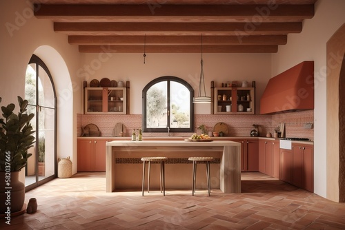 Stylish modern kitchen interior with terracotta color accents