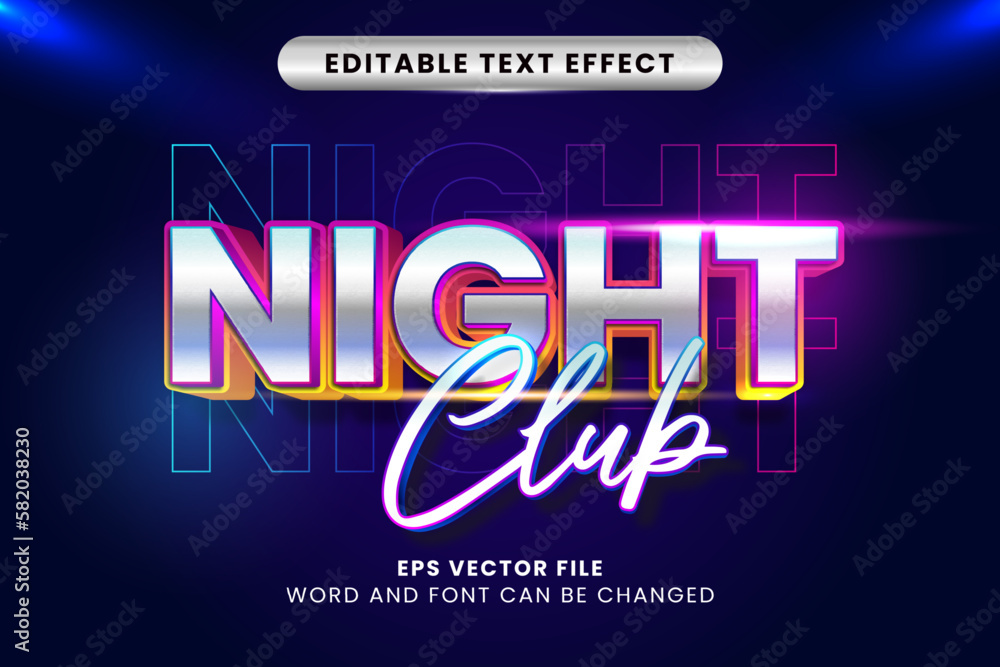 night club neon 3d editable vector text effect