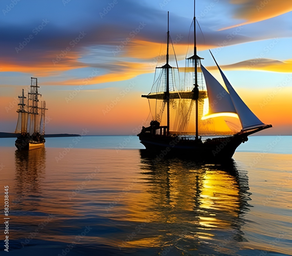 Two sailing ships at sunset. The golden hour on calm water. Generative AI.