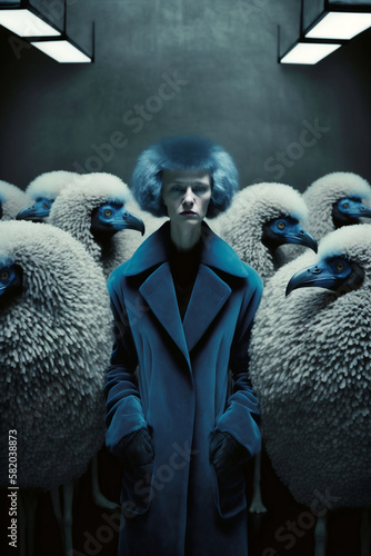 Alpaca ostrich and a woman in blue. Generative AI.