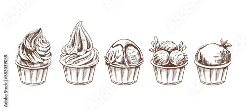 A hand-drawn sketch of  ice cream balls, frozen yoghurt or cupcakes in cups. Set. Vintage illustration. Element for the design of labels, packaging and postcards.