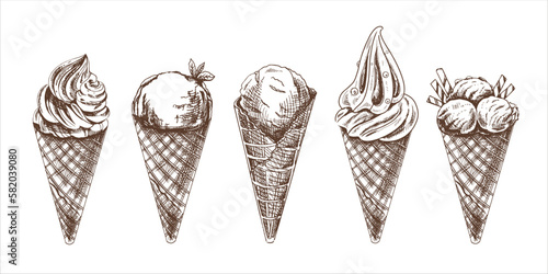 A hand-drawn sketch of a waffle cones with ice cream or frozen yoghurt. Vintage illustration. Set. Element for the design of labels, packaging and postcards.