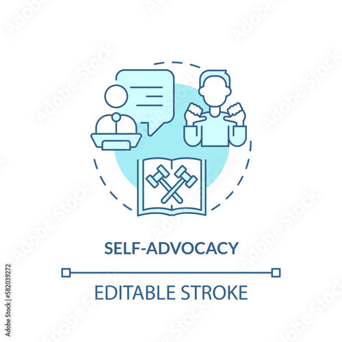 Self advocacy turquoise concept icon. Present yourself. Type of legal protection abstract idea thin line illustration. Isolated outline drawing. Editable stroke. Arial, Myriad Pro-Bold fonts used