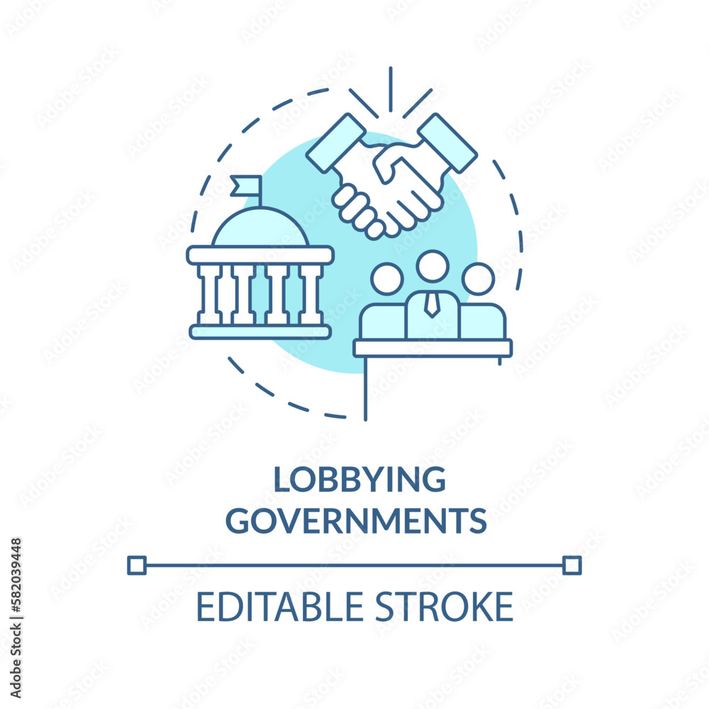 Lobbying governments turquoise concept icon. Organizations. Form of advocacy abstract idea thin line illustration. Isolated outline drawing. Editable stroke. Arial, Myriad Pro-Bold fonts used