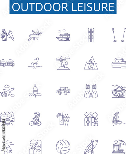 Outdoor leisure line icons signs set. Design collection of Camping, Hiking, Fishing, Kayaking, Biking, Swimming, Boating, Climbing outline concept vector illustrations