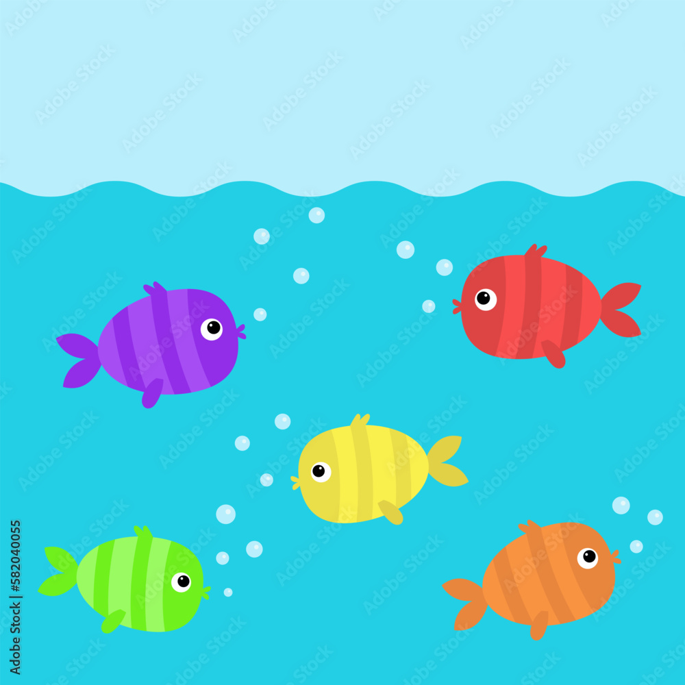 Fish set swim under water. Cute kawaii cartoon funny baby character. Marine life. Bubbles. Colorful aquarium sea ocean animals. Kids collection. Isolated. White background. Flat design.