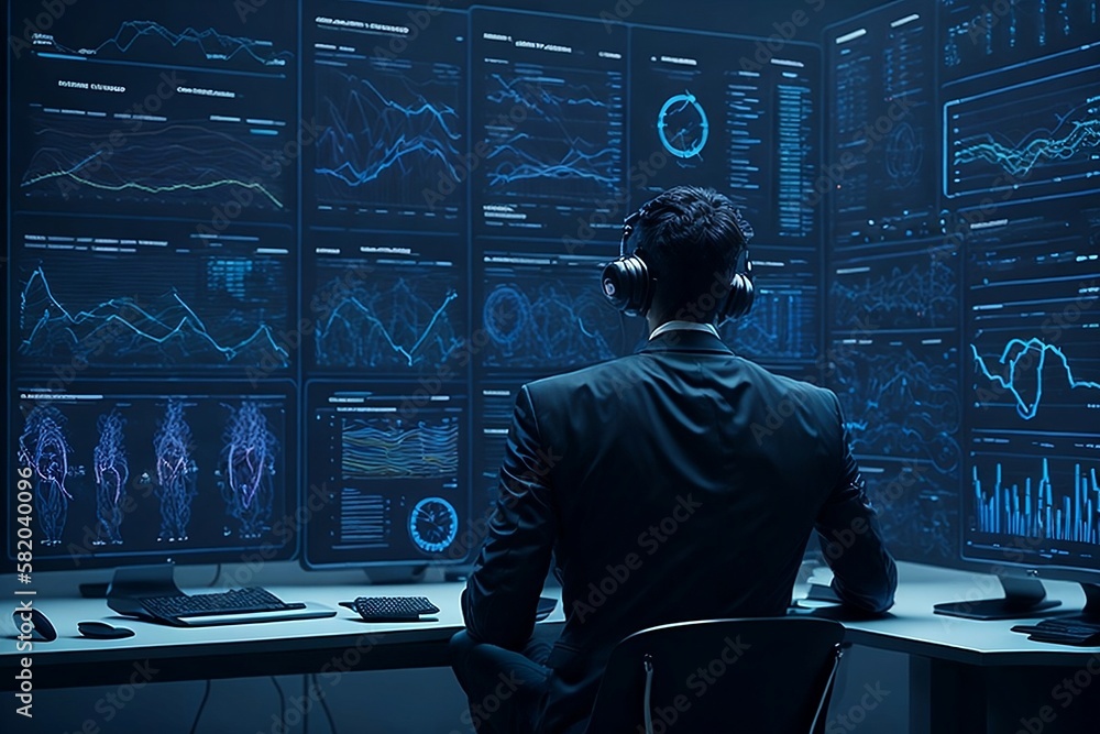 Businessman Analyzing Information at Computer-Filled Desk Businessman Analyzing Information at Computer-Filled Desk