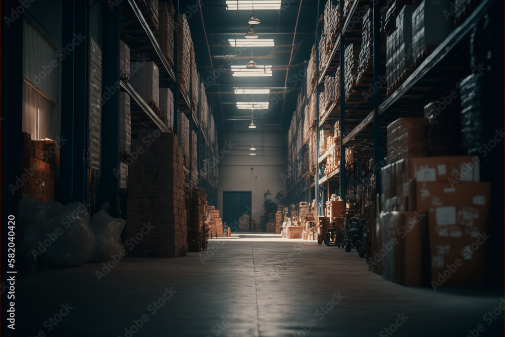 Warehouse or storage and shelves with cardboard boxes. Industrial background created with Generative AI technology.