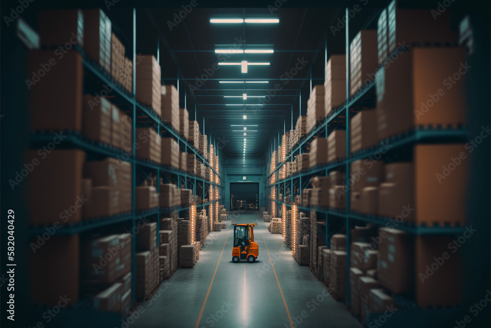 Warehouse concept. Forklift between rows in a large warehouse created with Generative AI technology.