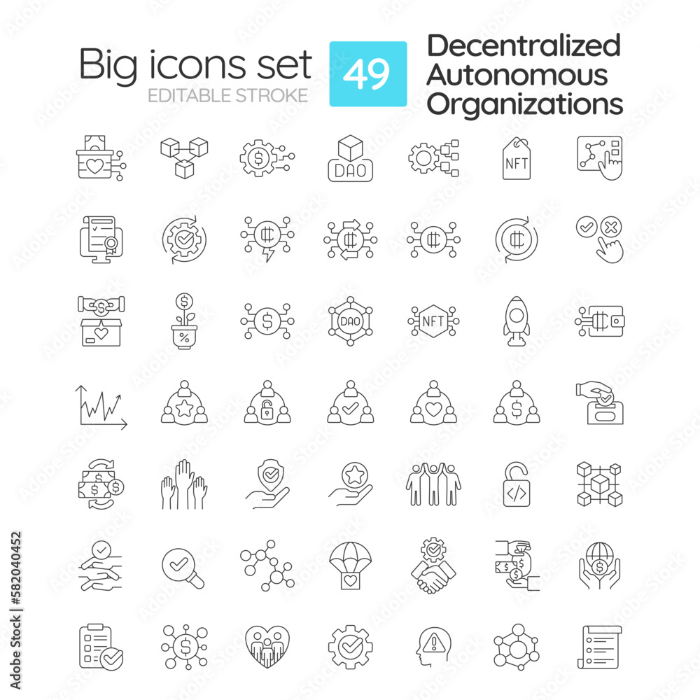 Decentralized autonomous organizations linear icons set. Internet technology in business. Innovations. Customizable thin line symbols. Isolated vector outline illustrations. Editable stroke