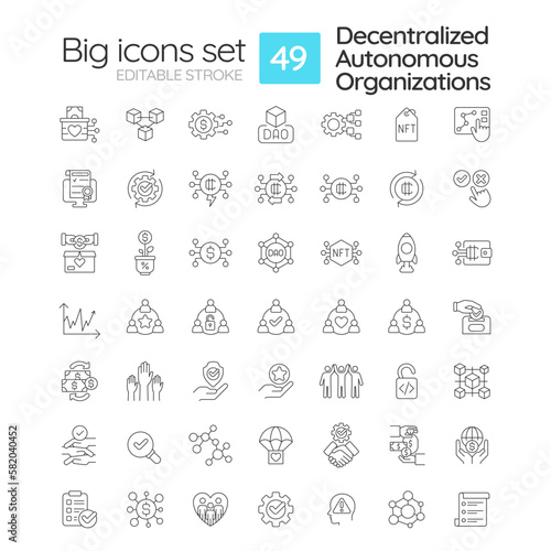 Decentralized autonomous organizations linear icons set. Internet technology in business. Innovations. Customizable thin line symbols. Isolated vector outline illustrations. Editable stroke