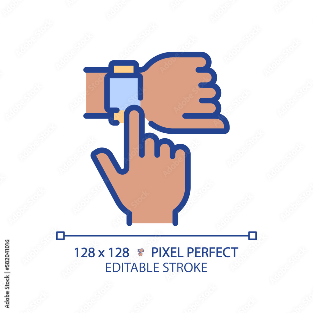 Black hand with smart watch pixel perfect RGB color icon. Digital wristwatch with useful appliances. Personal device. Isolated vector illustration. Simple filled line drawing. Editable stroke Black hand with smart watch pixel perfect RGB color icon. Digital wristwatch with useful appliances. Personal device. Isolated vector illustration. Simple filled line drawing. Editable stroke