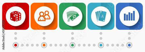 Casino vector icons, miscellaneous square icon set such as dice, people, money, cards and graph for webdesign and mobile applications, flat design infographic template in eps 10