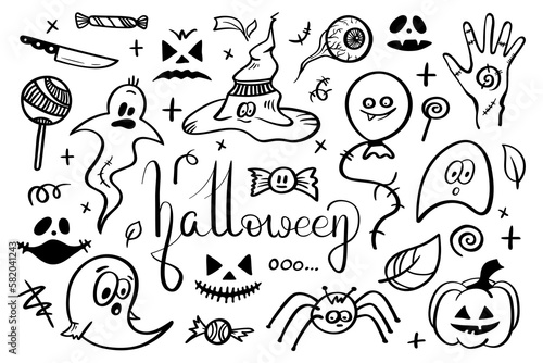 Fototapeta Naklejka Na Ścianę i Meble -  Vector hand drawn background. Set Halloween pictures in doodle style. Line art illustrations