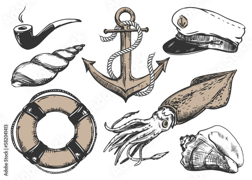 Elements of the life of a sea fisherman. Anchor with a rope, captain's cap, smoking pipe, life buoy, squid, sea clams. Vector illustration in vintage style, engraving effect.