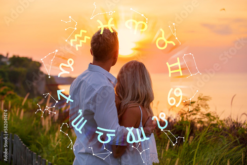 Concept of love compatibility between zodiac signs and finding perfect match and your soulmate according to horoscope.