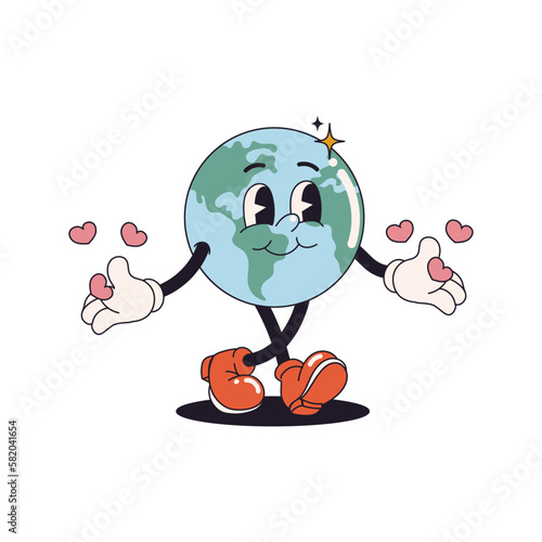 Stickers in trendy retro cartoon style. Earth Day concept. World Environment Day. Walking happy cute Earth planet character mascot with heartst. Vector illustration	