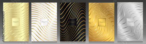 Luxury cover set. Striped backgrounds, wavy and distorted metallic lines. Golden curved lines on beige, black, white gold and silver backgrounds. Elegant brochure collection.