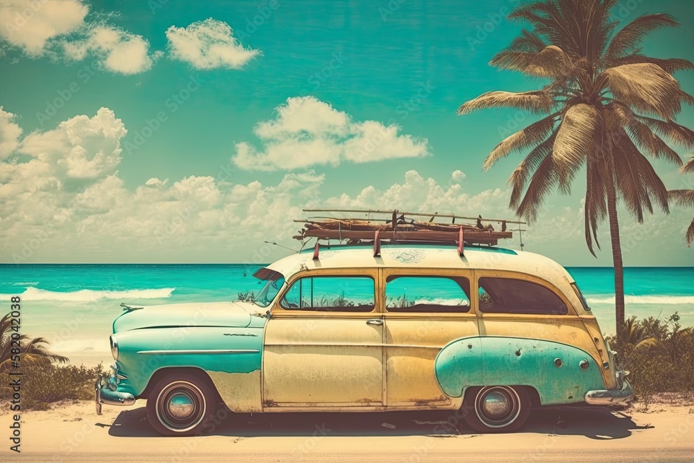 vintage car parked on the tropical beach with palm tree , ai generated