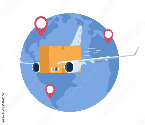 Logistic service concept. Air delivery service. A box with wings and engines flies against the background of a world map. Vector illustration.