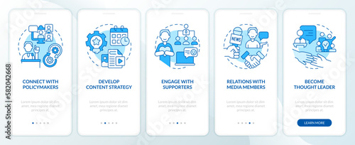 Social media plans for advocacy blue onboarding mobile app screen. Walkthrough 5 steps editable graphic instructions with linear concepts. UI, UX, GUI template. Myriad Pro-Bold, Regular fonts used