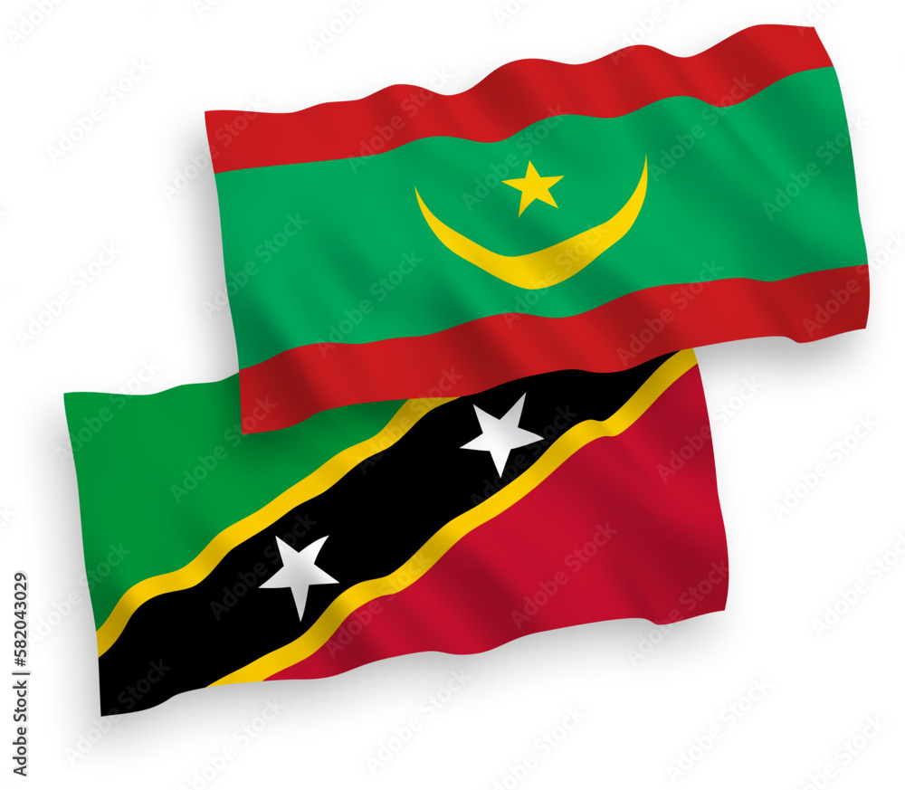 Flags of Federation of Saint Christopher and Nevis and Islamic Republic of Mauritania on a white background