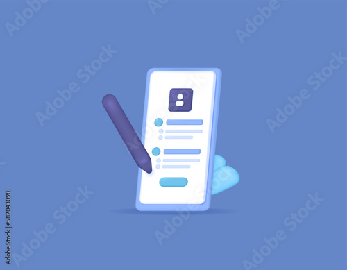 questionnaires or online surveys. collecting data by asking questions to respondents. symbol or icon of a smartphone, pen, leaf. 3d and realistic concept design. vector elements