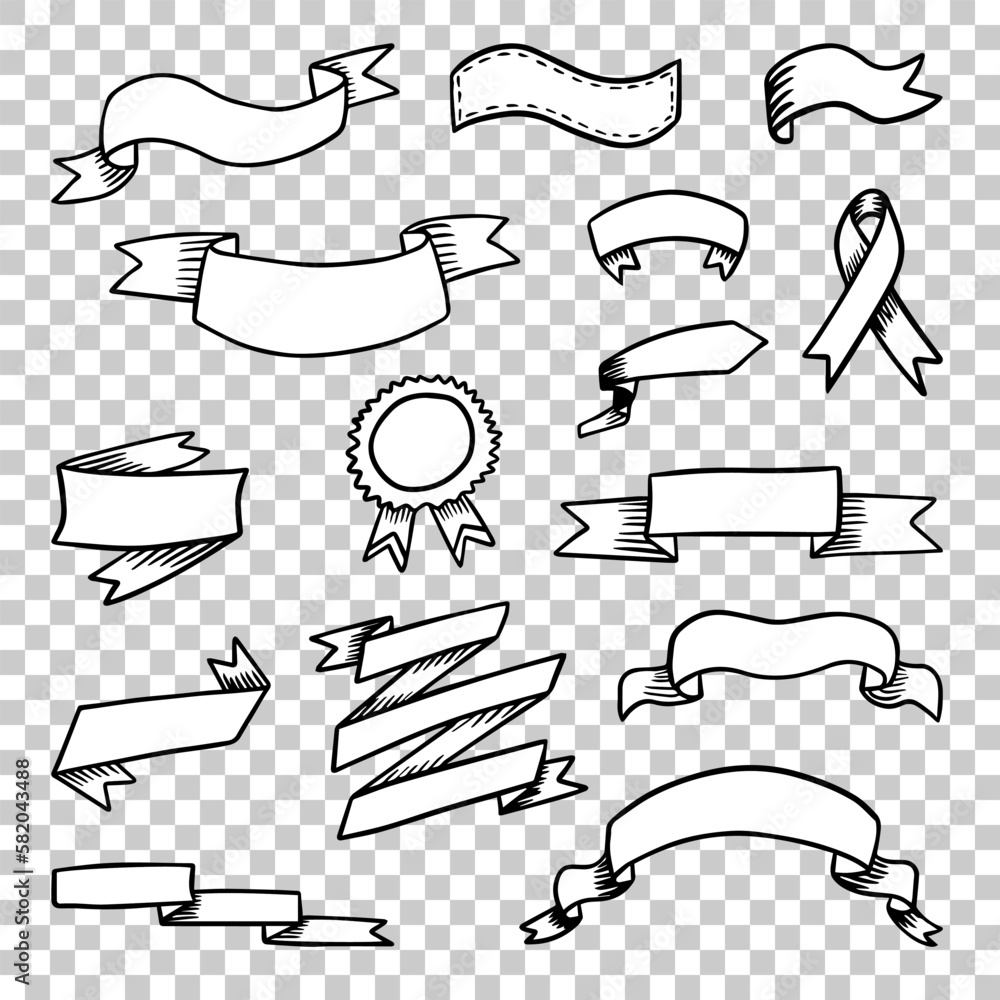 Hand drawn ribbon set. Collection of the vintage ribbons. Award ribbon