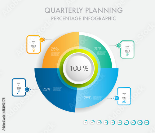 quarterly planning Percentage circle chart for projects milestone template for presentation to help you easily identify which stage of project is currently Diagram with 4 quarter options, steps, parts