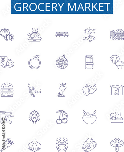 Grocery market line icons signs set. Design collection of Groceries, Market, Supermarket, Shopping, Fruits, Vegetables, Dairy, Staples outline concept vector illustrations