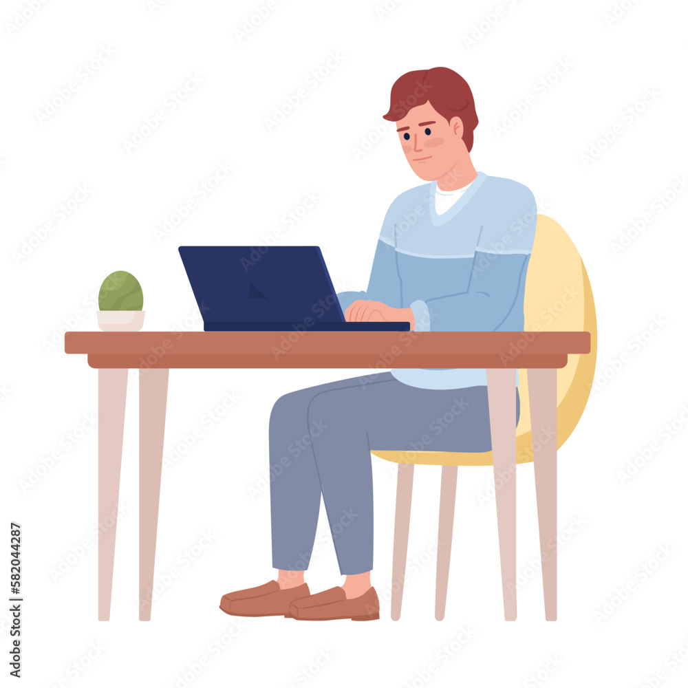 Man with laptop working at office table semi flat color vector character. Editable figure. Full body person on white. Simple cartoon style spot illustration for web graphic design and animation Man with laptop working at office table semi flat color vector character. Editable figure. Full body person on white. Simple cartoon style spot illustration for web graphic design and animation