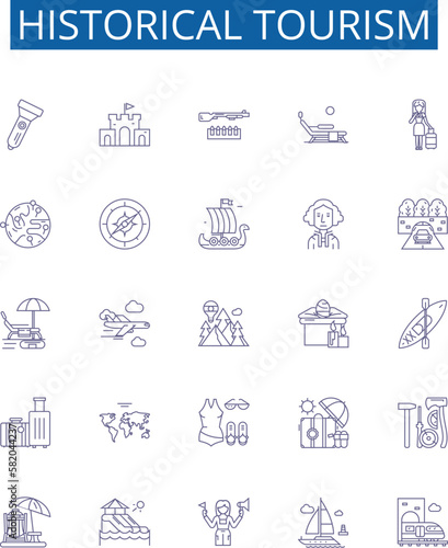 Historical tourism line icons signs set. Design collection of Heritage, cultural, antiquities, monuments, ruins, sites, Landmarks, ancient outline concept vector illustrations