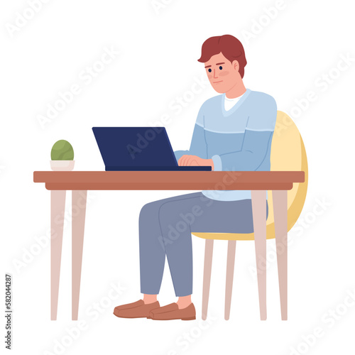 Man with laptop working at office table semi flat color vector character. Editable figure. Full body person on white. Simple cartoon style spot illustration for web graphic design and animation