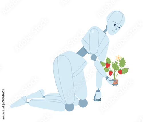 Humanoid robot gardener semi flat color vector character. AI-powered machine for horticulture. Editable figure on white. Simple cartoon style spot illustration for web graphic design and animation