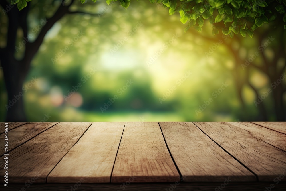Empty Wooden Table Spring Time Blossoms With Green Nature Background With Defocused Bokeh Lights Generated By AI Empty Wooden Table Spring Time Blossoms With Green Nature Background With Defocused Bokeh Lights Generated By AI