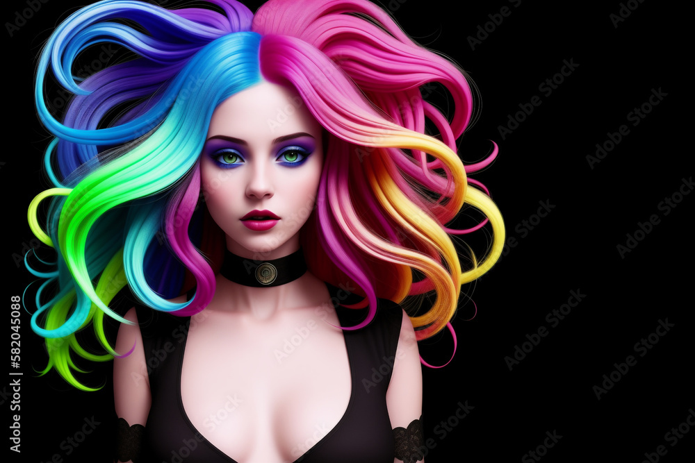 Portrait of a girl in gothic style with bright makeup on her face and colorful hair developing in the wind. The background is black. AI generative
