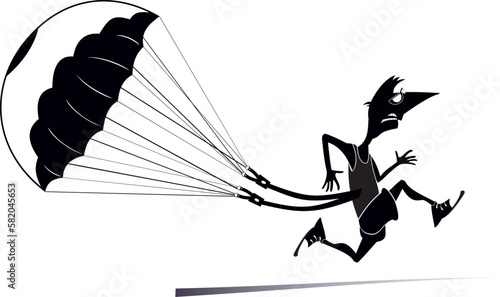 Hard training runner. Runner, parachute.
Cartoon running man drags a parachute. Black and white
