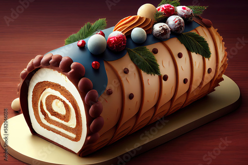 traditional french buche de noel christmas cake. Generative Ai