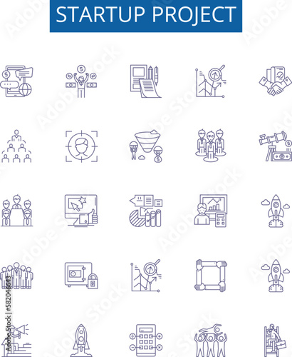 Startup project line icons signs set. Design collection of Startup, Project, Venture, New, Business, Idea, Launch, Entrepreneur outline concept vector illustrations
