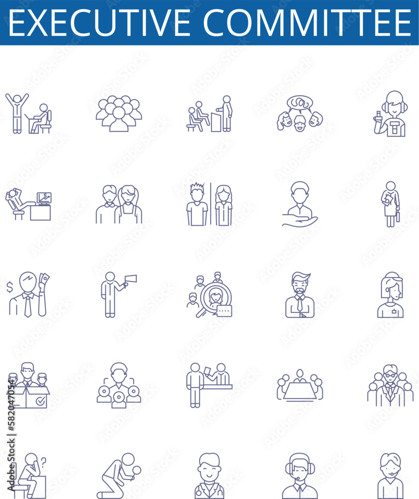 Executive committee line icons signs set. Design collection of executive, committee, leadership, management, strategy, planning, decision-making, communication outline concept vector illustrations