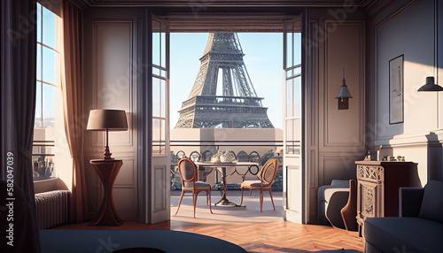Fototapeta Naklejka Na Ścianę i Meble -  Room in Paris with eiffel tour in window , honeymoon or romantic holidays concept