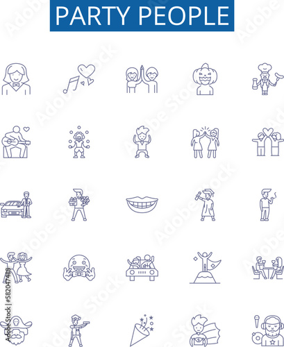 Party people line icons signs set. Design collection of Festive, revelers, merrymakers, attendants, celebrants, guests, invitees, merry goers outline concept vector illustrations