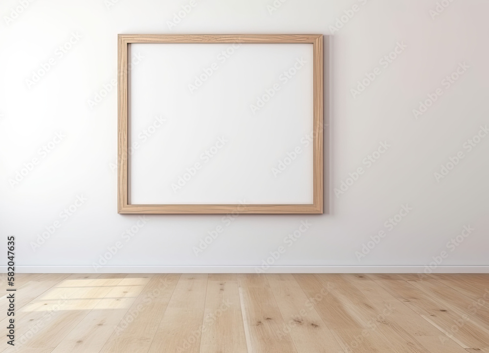 Blank wooden picture frame on a white wall and wooden floor. Mock up template for Design or product placement created using generative AI tools Blank wooden picture frame on a white wall and wooden floor. Mock up template for Design or product placement created using generative AI tools