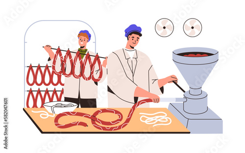 Food industry workers at sausage production, meat manufacture with professional machine at factory, plant. People making natural product at plant. Flat vector illustration isolated on white background