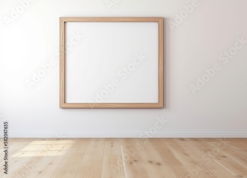 Blank wooden picture frame on a white wall and wooden floor. Mock up template for Design or product placement created using generative AI tools