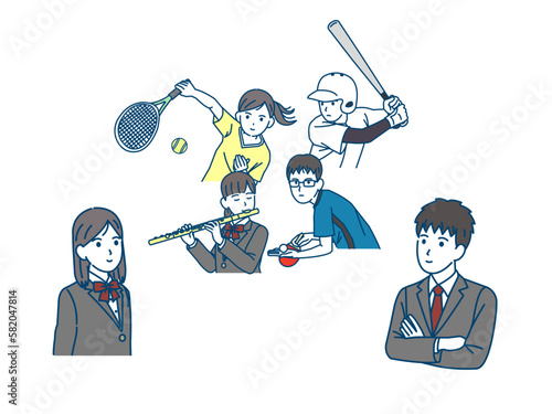 クラブ活動、部活を決める学生、男女のイラスト