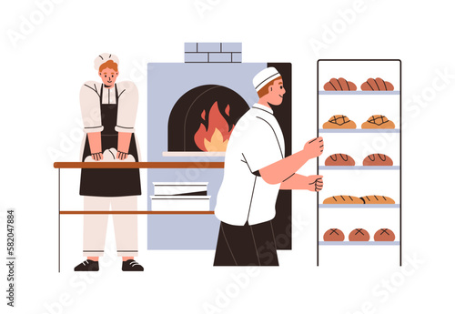 Bread and buns production, flour yeast food manufacture. Bakers work at bakehouse, bakery workshop, making cooking hot fresh rolls, baguettes. Flat vector illustration isolated on white background