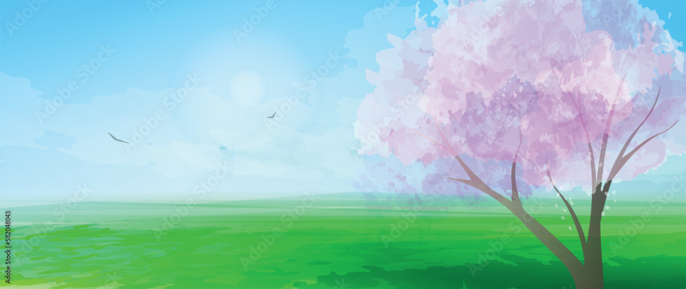 Spring nature vector illustration. Cartoon landscape with watercolor texture. A blossoming tree and green meadow. 